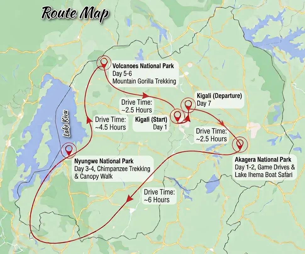 7-Day-Rwanda-Safari-Route-Map