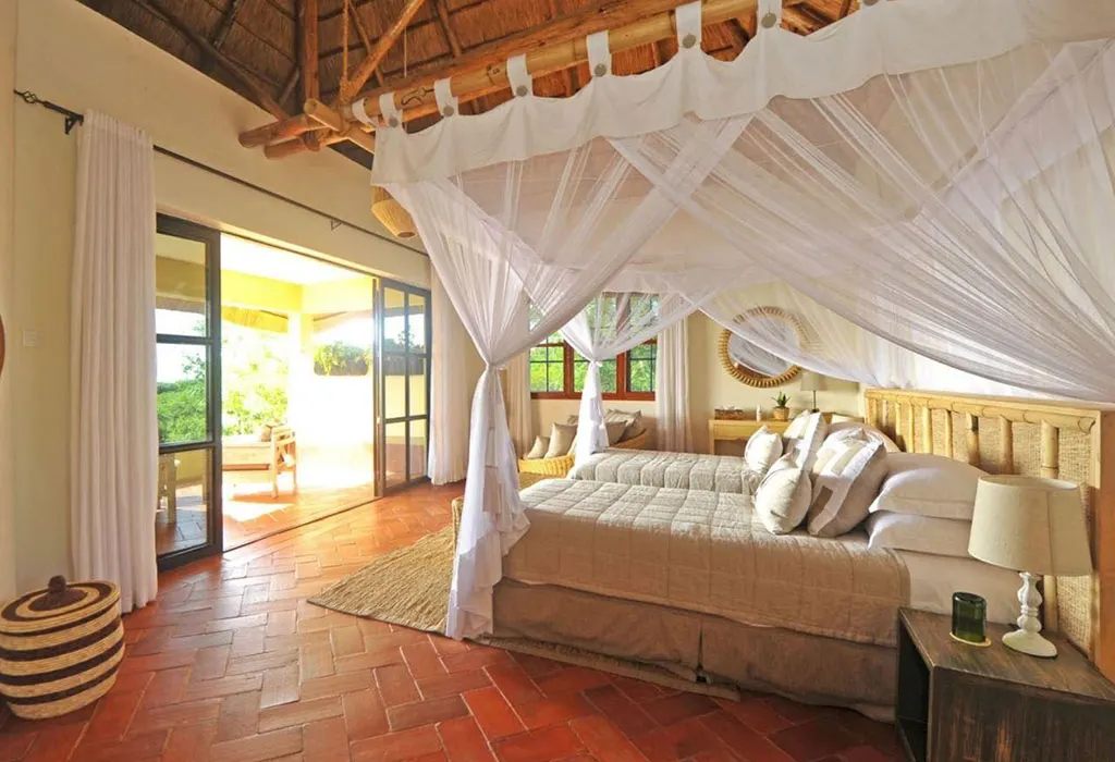 Twin room at Elephant Plains Lodge with two beds under a white mosquito net, terracotta floor and a sunny veranda.