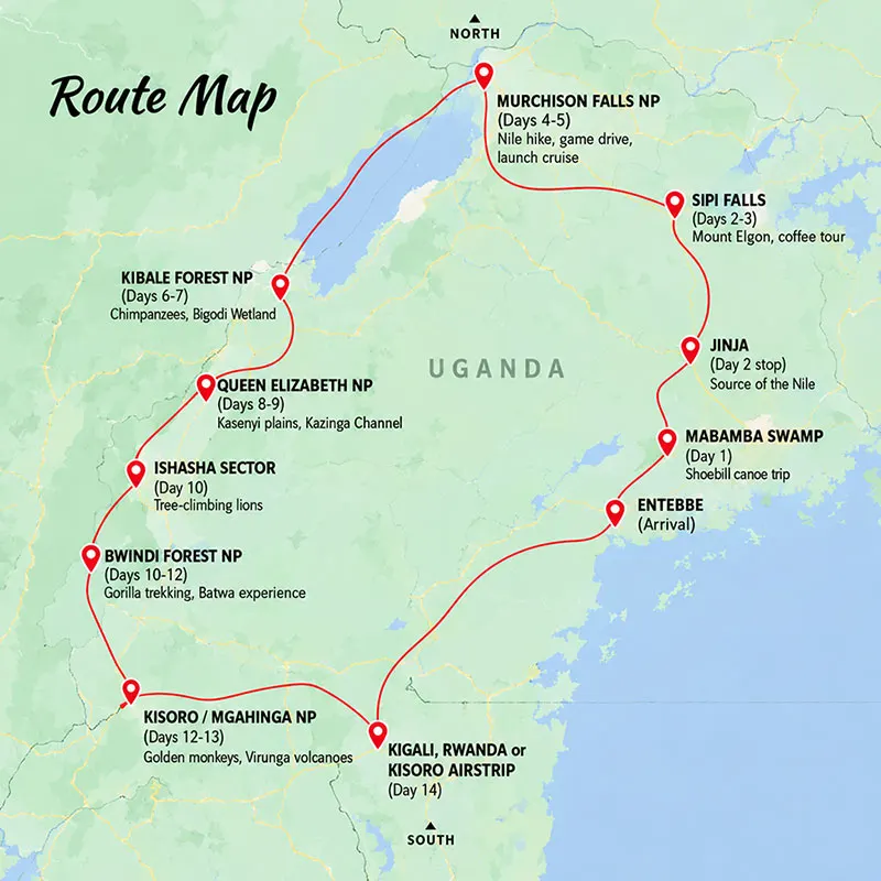 The Route Map of Your 14-Day Uganda Safari